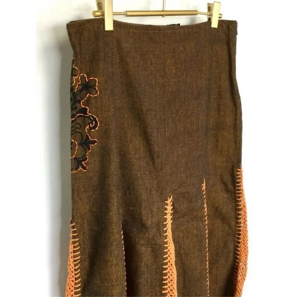 The Collection Royal Womens Large Skirt Brown Orange Crochet Inlays Cotton NWT - Picture 3 of 13